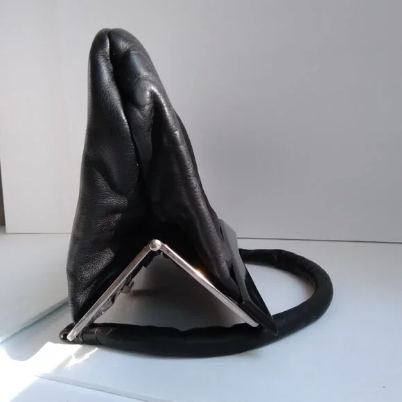 Unique Vintage Black Leather Satchel/Shoulder Frame Bag wth Chic Sleek Features - Picture 12 of 15